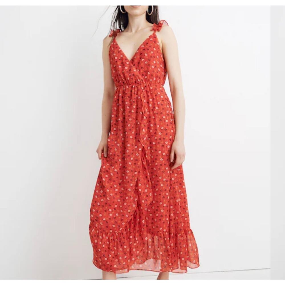 Madewell Red Floral Midi Dress Size 4 Ruffle Strap V-Neck Flowy Summer